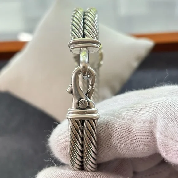 David Yurman 925 & 14k Gold Double Cable Metro Bracelet-Small - Picture 6 of 9